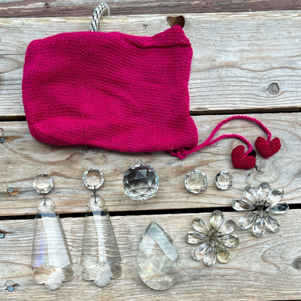 Assorted Crystal Prisms in Melange Fuchsia Knit Pouch with Heart Charms